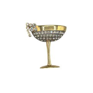 Vintage Carolee Gold Tone & Rhinestone Champagne Glass Brooch Bling Sparkle Pin